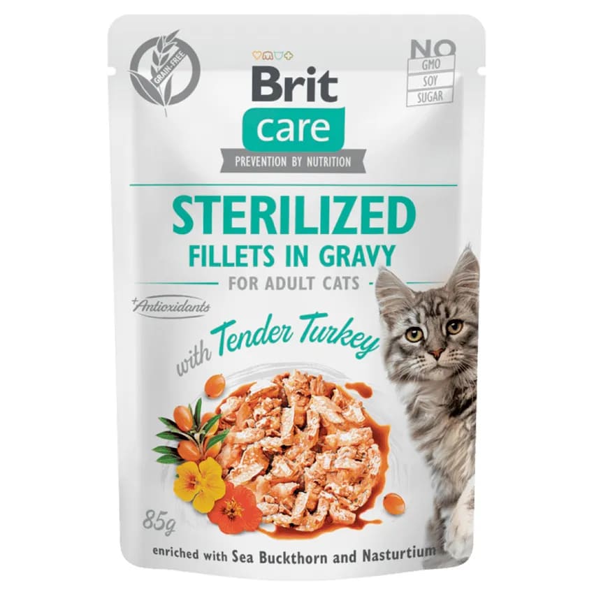 BRIT CARE CAT STERILIZED FILLETS IN GRAVY TENDER TURKEY 85GR 