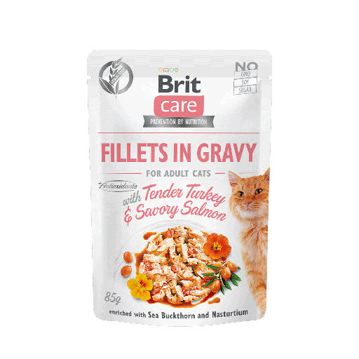 BRIT CARE CAT FILLETS IN GRAVY WITH TENDER TURKEY & SABORY SALMON 85 G