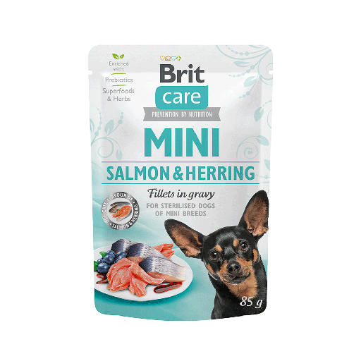 BRIT CARE MINI SALMON HERRING STERILIZED FILLETS POUCH 85GR