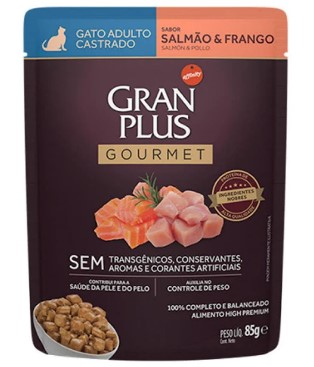 GRAN PLUS SACHE GOURMET GATO ADULTO  CASTRADO  SABOR SALMON Y FRANGO X 85 GR