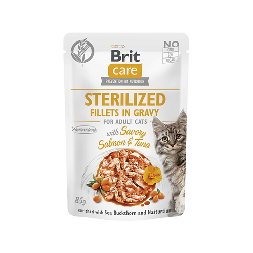BRIT CARE CAT STERILIZED FILLETS IN GRAVY SAVORY SALMON & TUNA 85GR 