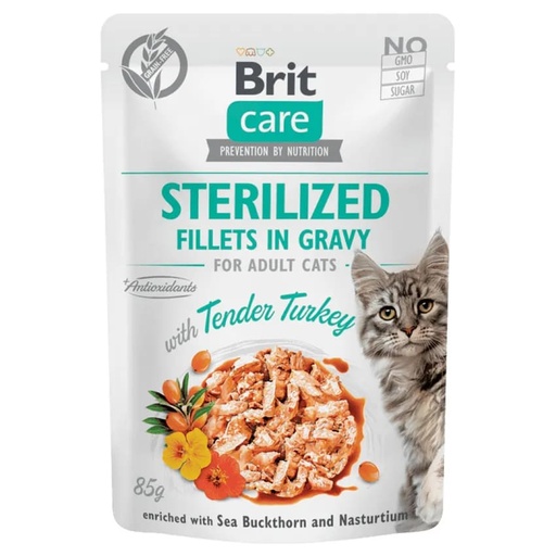 BRIT CARE CAT STERILIZED FILLETS IN GRAVY TENDER TURKEY 85GR 